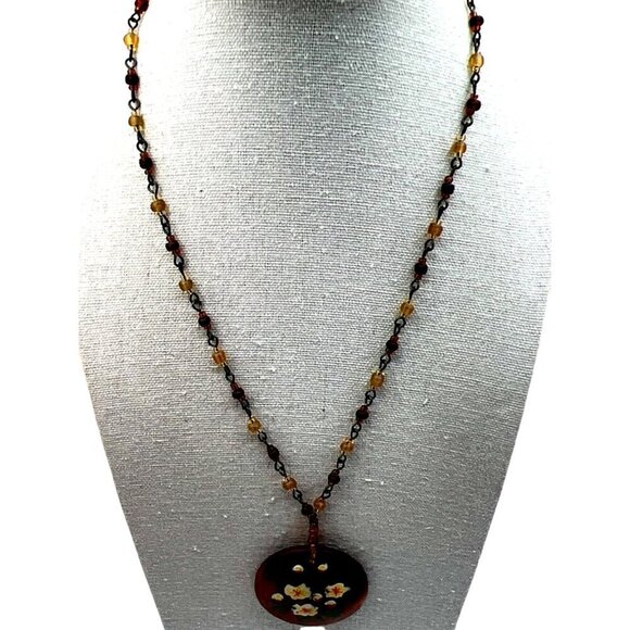 Vintage Hand-Painted Floral Pendant Necklace With Beaded Chain. B44 - Picture 4 of 13